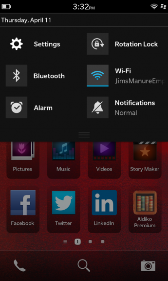 Blackberry 10 Quick Settings Menu